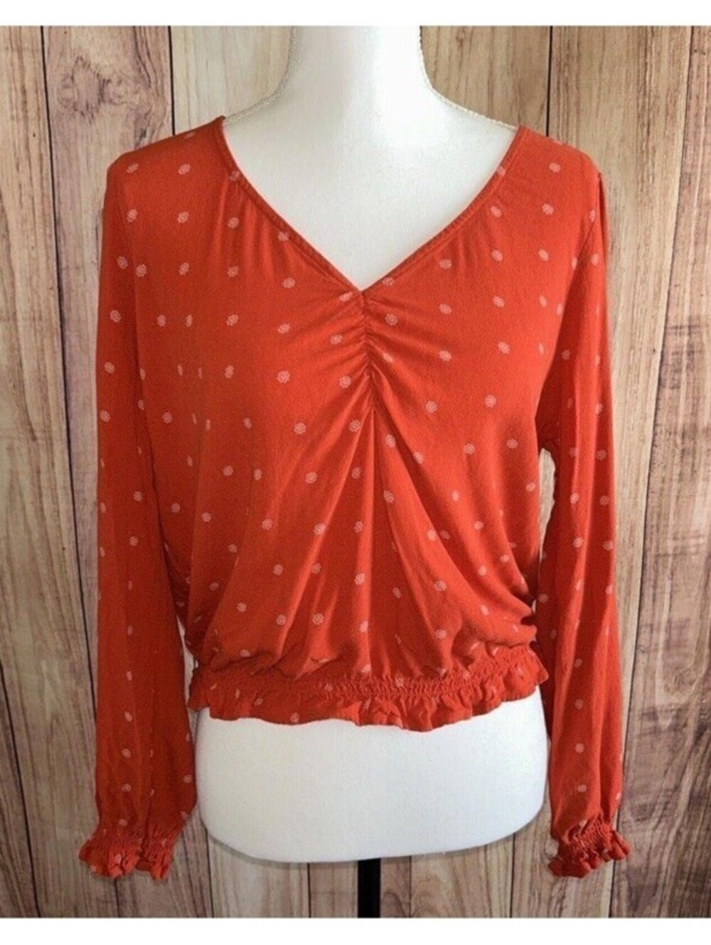 American Eagle Womens Floral Top Reddish Orange V Neck Long Sleeve Boho Fall